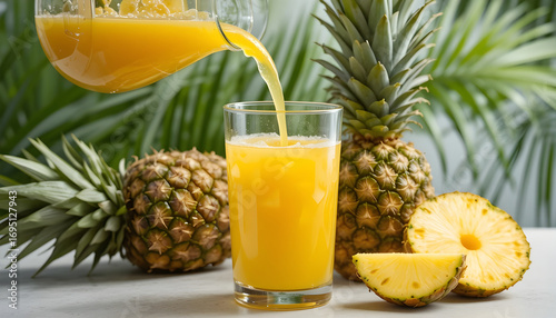 Fresh Pineapple Juice Pouring into a Glass.A close-up image of fresh pineapple juice being poured from a pitcher into a glass, surrounded by whole and sliced pineapples.