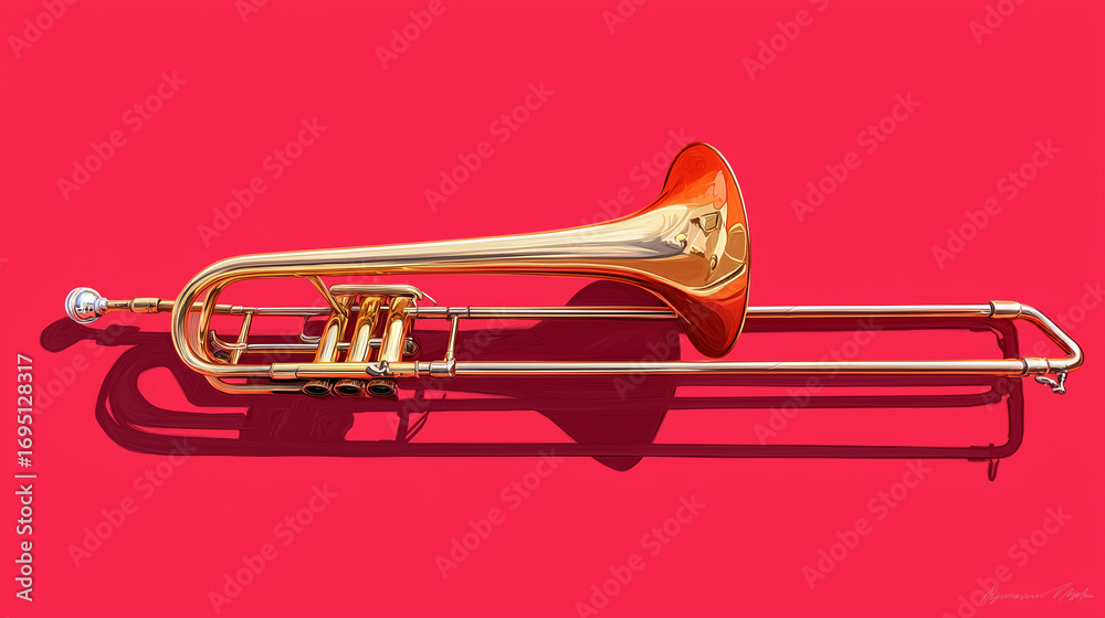 Obraz premium golden trombone jazz musical instrument light red background