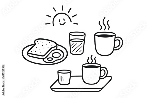 Morning Breakfast Doodles. Breakfast with coffee: hand drawn doodles of toast, eggs, orange juice, steaming mug, tray, and morning
