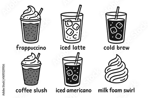 Cold Coffee Doodles. Cold coffee drinks: hand drawn doodles of frappuccino, iced latte, cold brew, coffee slush, iced americano,