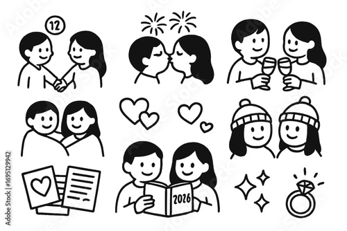 New Year Couple Icons. New Year couple doodle icon set: hand drawn icons of holding hands at midnight, kiss under fireworks,