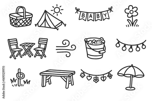 Outdoor Baby Shower Icons. Outdoor baby shower doodle icon set: hand drawn icons of picnic basket, sunny tent, baby banner, lawn