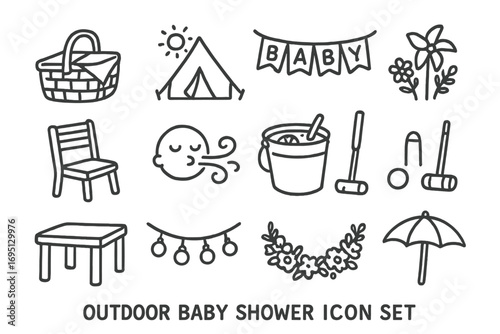 Outdoor Baby Shower Icons. Outdoor baby shower doodle icon set: hand drawn icons of picnic basket, sunny tent, baby banner, lawn