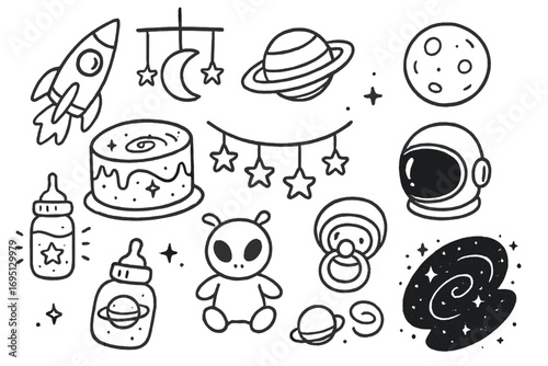 Space Baby Shower Icons. Space baby shower doodle icon set: hand drawn icons of rocket toy, moon mobile, planet icons, galaxy cake
