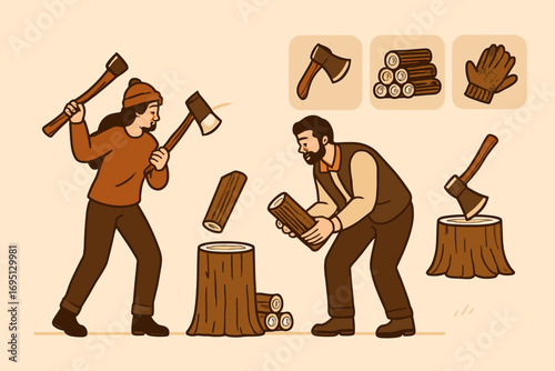 Rustic Woodchopping Scene. Creative vector layout with couple chopping wood and rustic life icon set for axe, log pile, wool