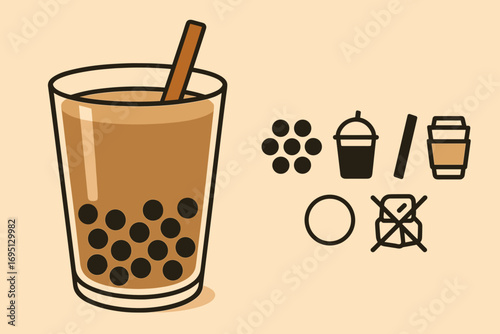 Trendy Milk Tea Delight. Horizontal vector artwork of milk tea with boba served warm and trendy drink icon set for tapioca, snow