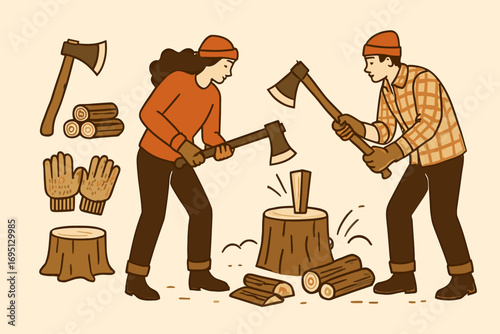 Rustic Woodchopping Scene. Creative vector layout with couple chopping wood and rustic life icon set for axe, log pile, wool