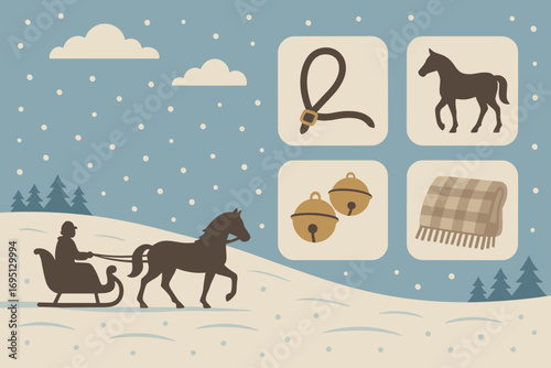 Sleigh Ride Nostalgia. Flat design banner featuring sleigh ride across snowy field and nostalgia icon set for reins, horse