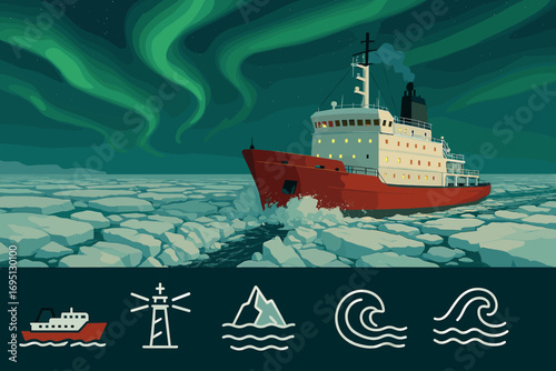 Icebreaker Under Aurora. Wide banner showing boat breaking through frozen waters under aurora and expedition icon set for