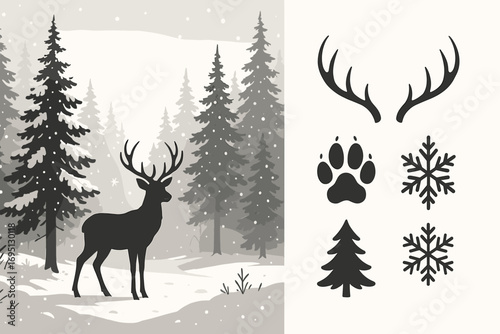 Deer in Snowy Forest. Horizontal vector banner showing deer standing in snowy forest clearing and winter wildlife icon set for