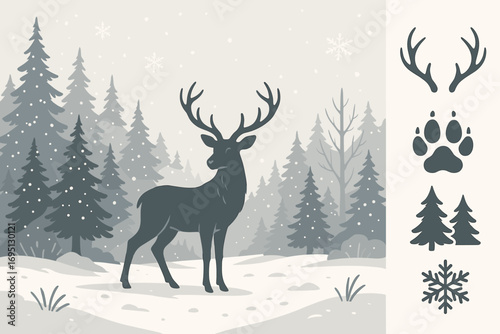 Deer in Snowy Forest. Horizontal vector banner showing deer standing in snowy forest clearing and winter wildlife icon set for