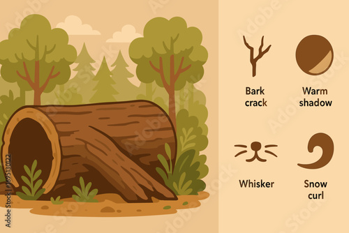 Forest Haven Icons. Creative banner featuring fallen log shelter for animals and forest haven icon set for bark crack, warm shadow