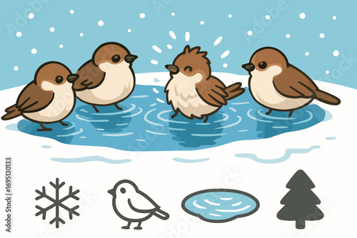 Birds in Winter Bath. Vector strip showing birds bathing in shallow thaw and winter habit icon set for flutter lines, water