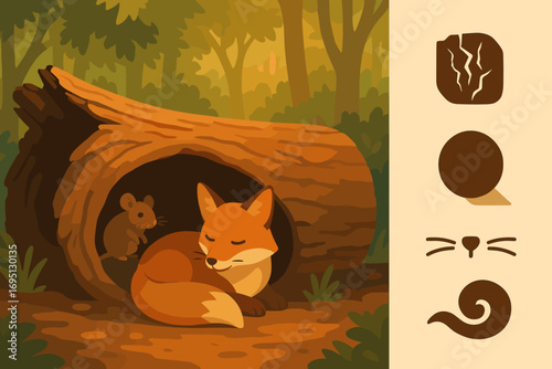 Forest Haven Icons. Creative banner featuring fallen log shelter for animals and forest haven icon set for bark crack, warm shadow