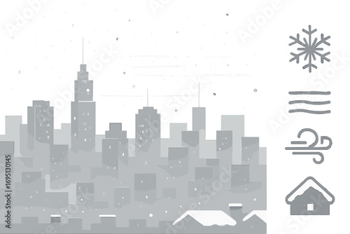 Winter City Skyline. Vector banner featuring snowfall over city skyline and atmospheric icon set for tower outlines, haze lines,