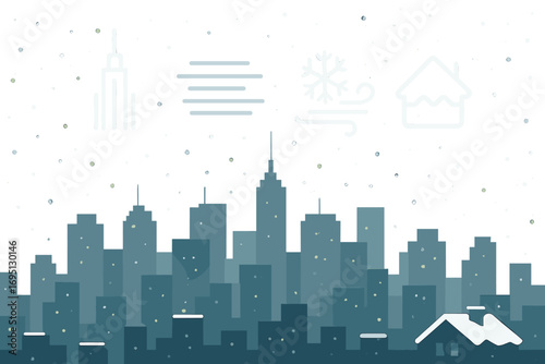 Winter City Skyline. Vector banner featuring snowfall over city skyline and atmospheric icon set for tower outlines, haze lines,