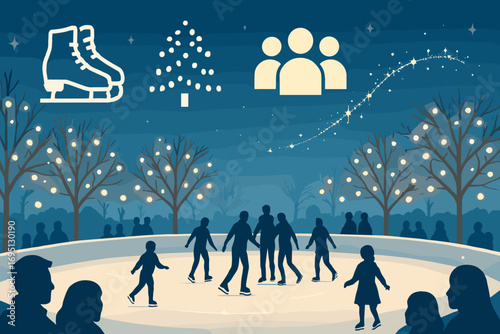 Festive Ice Rink. Horizontal vector artwork of ice rink surrounded by lit trees and joy icon set for skates, tree lights, crowd