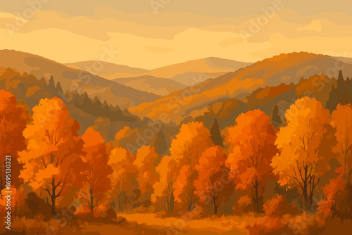 Golden Autumn Panorama. Horizontal banner with panoramic view of hills and trees in golden transition, suitable for travel or