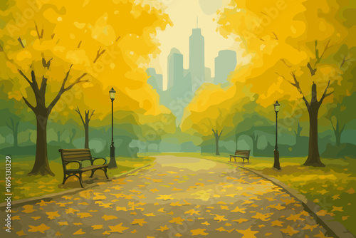 Golden Leaves Serenity. Illustrated composition of urban park with golden leaves on pavement, city skyline blurred behind soft