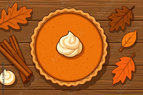 Pumpkin Pie Delight. Horizontal vector banner with freshly baked pumpkin pie on rustic table, surrounded by cinnamon sticks,