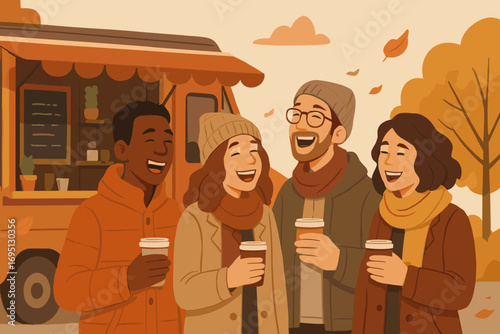 Autumn Food Truck Fun. Horizontal vector composition showing friends laughing with warm drinks near food truck on a brisk autumn