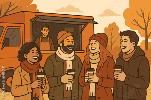 Autumn Food Truck Fun. Horizontal vector composition showing friends laughing with warm drinks near food truck on a brisk autumn