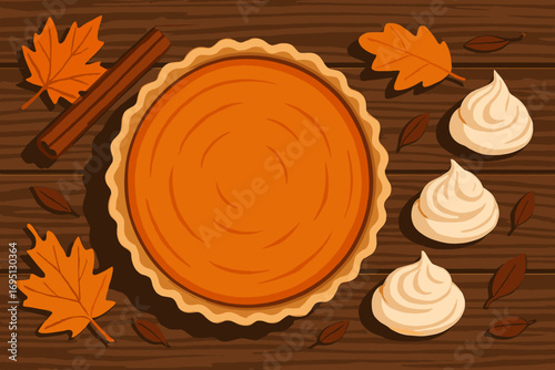 Pumpkin Pie Delight. Horizontal vector banner with freshly baked pumpkin pie on rustic table, surrounded by cinnamon sticks,