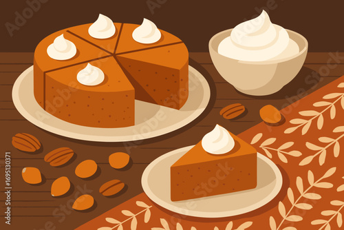 Pumpkin Cake Display. Modern vector of dessert table with sliced pumpkin cake, whipped topping, nuts and cozy patterned cloth.