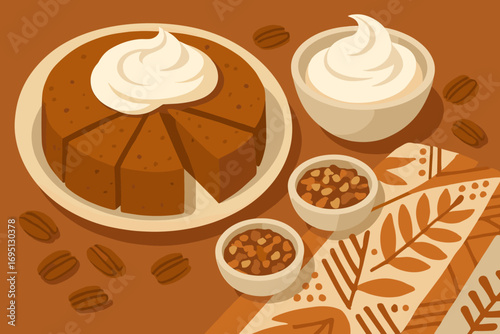 Pumpkin Cake Display. Modern vector of dessert table with sliced pumpkin cake, whipped topping, nuts and cozy patterned cloth.