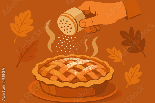 Sprinkling Sugar on Pie. Flat illustration of hand sprinkling powdered sugar on warm pie, with steam and natural autumn color