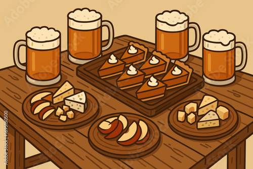 Harvest Tasting Table. Vector illustration of rustic harvest table set for tasting event with cider mugs, cheese platters, and