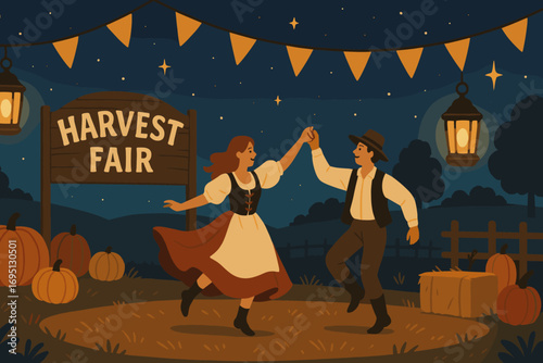 Night Harvest Fair. Horizontal vector banner with night-time harvest fair featuring lit lanterns, folk dancing and soft glowing