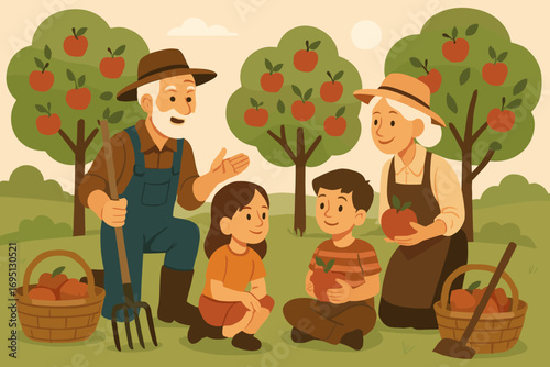 Generations of Farming Wisdom. Vector scene of grandparents teaching grandkids about farming, surrounded by apple trees, tools and