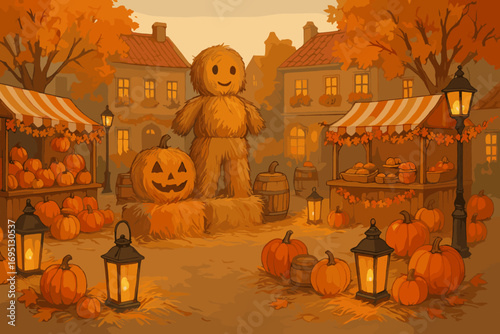 Fall Festival Square. Illustrated overview of festive town square transformed for fall celebration — booths, hay sculptures and