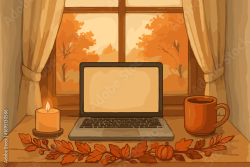 Cozy Fall Workspace. Illustrated home workspace by window with laptop, candle, mug and seasonal garland, perfect for fall remote