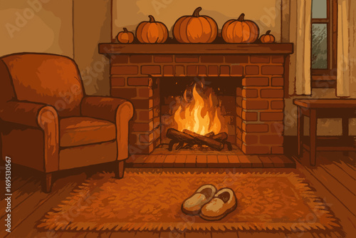 Cozy Autumn Living Room. Illustrated living room scene with flickering fireplace, pumpkins on mantle, warm rug and cozy slippers.