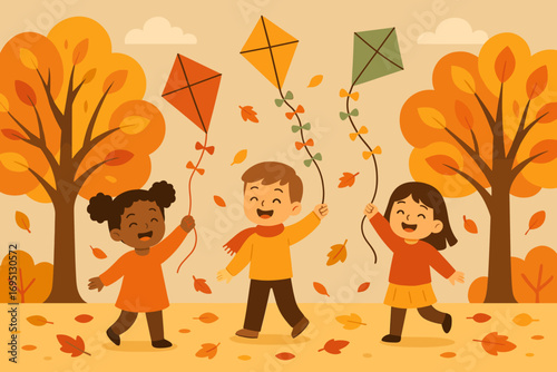 Children Flying Kites. Flat design banner showing children flying kites under autumn trees with colorful leaves and smiling faces.