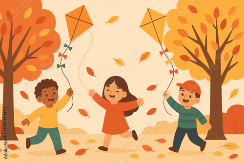 Children Flying Kites. Flat design banner showing children flying kites under autumn trees with colorful leaves and smiling faces.