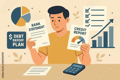 Debt Management Planning. Flat design banner of man reviewing bank statements and credit report, surrounded by debt payoff plan