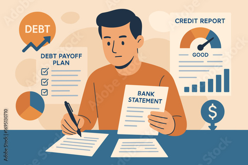 Debt Management Planning. Flat design banner of man reviewing bank statements and credit report, surrounded by debt payoff plan