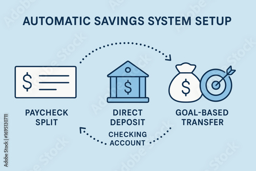 Automated Savings System. Modern banner of automatic savings system setup — paycheck split, direct deposit, and goal-based