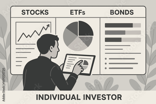 Investor Reviewing Portfolio. Horizontal vector banner showing individual investor reviewing diversified portfolio with stocks,