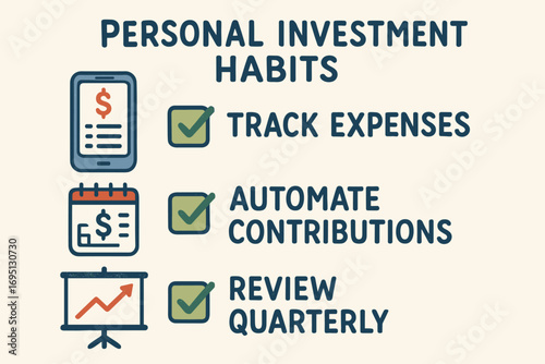 Personal Investment Habits. Illustrated checklist of personal investment habits — track expenses, automate contributions, review