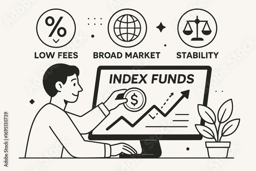 Investing in Index Funds. Vector composition of person investing in index funds — low fees, broad market coverage and stability