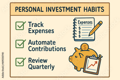 Personal Investment Habits. Illustrated checklist of personal investment habits — track expenses, automate contributions, review