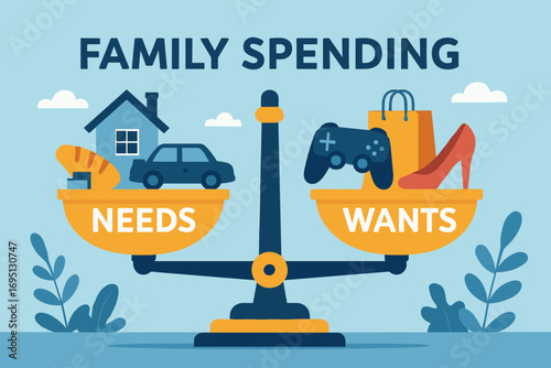 Needs vs Wants Balance. Commercial banner showing financial balance scale comparing “needs” and “wants” in family spending.