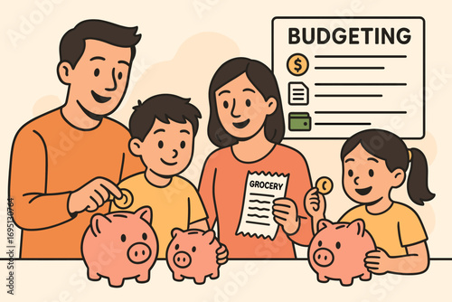 Family Budgeting Lesson. Vector illustration of parents teaching kids about budgeting using piggy banks, grocery receipts, and