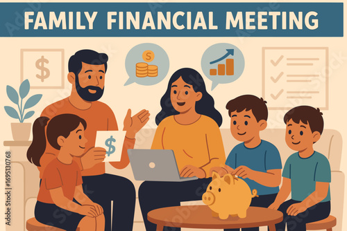 Family Financial Discussion. Banner of family financial meeting with kids present, discussing money habits and savings plans.