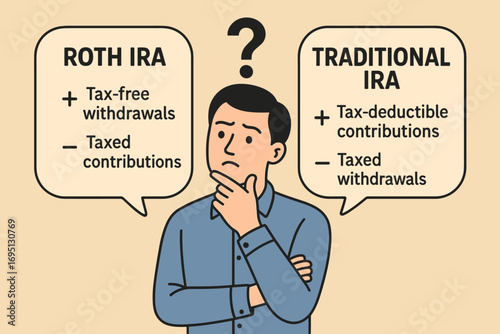 IRA Decision-Making Dilemma. Vector illustration of working adult deciding between Roth IRA and traditional IRA with pros and cons