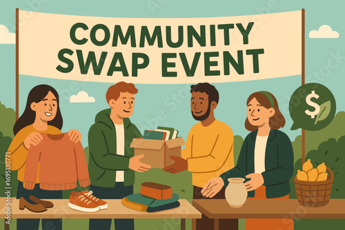 Community Swap Event. Banner showing community swap event — people exchanging goods and saving money sustainably.